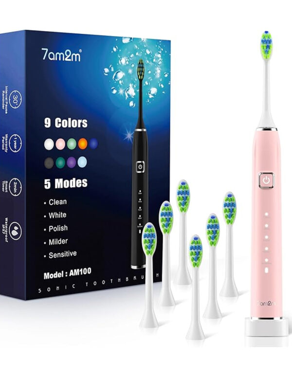 7AM2M Sonic Electric Toothbrush with 6 Brush Heads for Adults&Kids, One Charge for 120 Days, Wireless Fast Charge, 5 Modes, 40000VPM Powered Toothbrush, 2 Minutes Built in Smart Timer -Pink ($19.99)