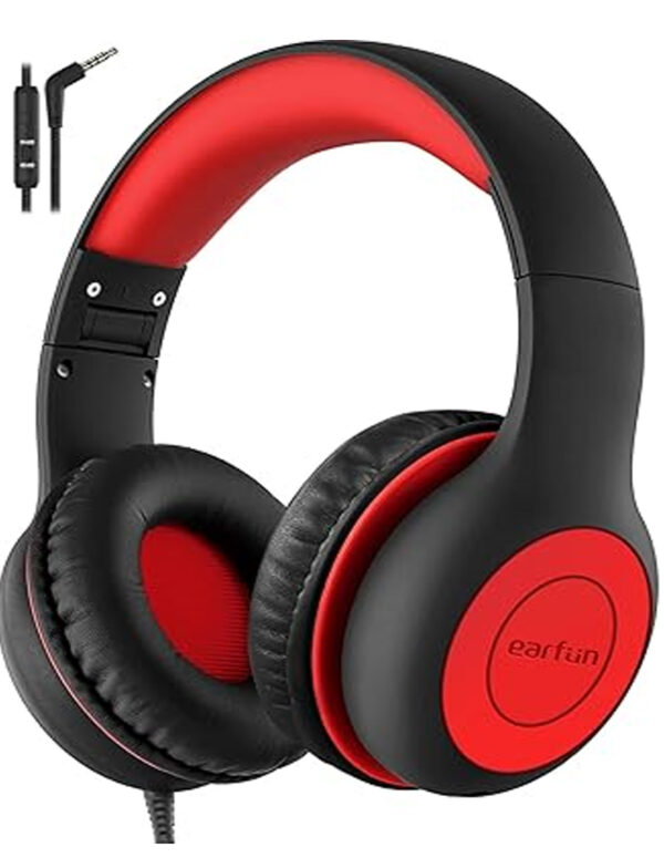 EarFun Kids Headphones Wired with Microphone, 85/94dB Volume Limit Headphones for Kids, Portable Wired Headphone with Shareport, Stereo Sound Foldable Headset for School/Tablet/iPad/Kindle, Black Red ($12.99)