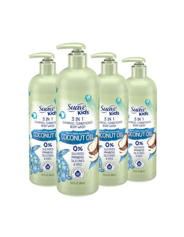 Suave Kids Natural Coconut Oil 3-in-1 Tear Free, Body Wash, Shampoo and Conditioners, No Sulfates, No Parabens, No Silicones, No Dyes, 16.5 Oz Pack of 4 ( $ 23.92)