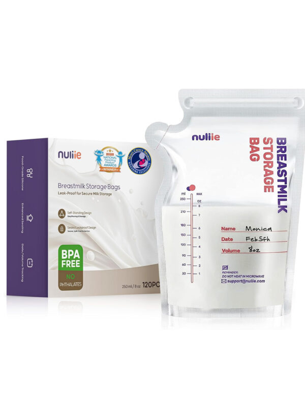 Nuliie 120 Pcs Breastmilk Storage Bags, 8 OZ Breast Milk Storing Bags, BPA-Free, Milk Storage Bags with Pour Spout for Breastfeeding, Self-Standing Bag, Space Saving Flat Profile ($ 9.99)